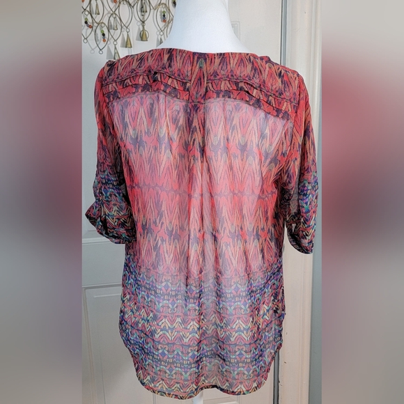 Skies are Blue Sheer Blouse Women's S Petie Multi-colored Abstract Short Sleeved - Picture 3 of 12